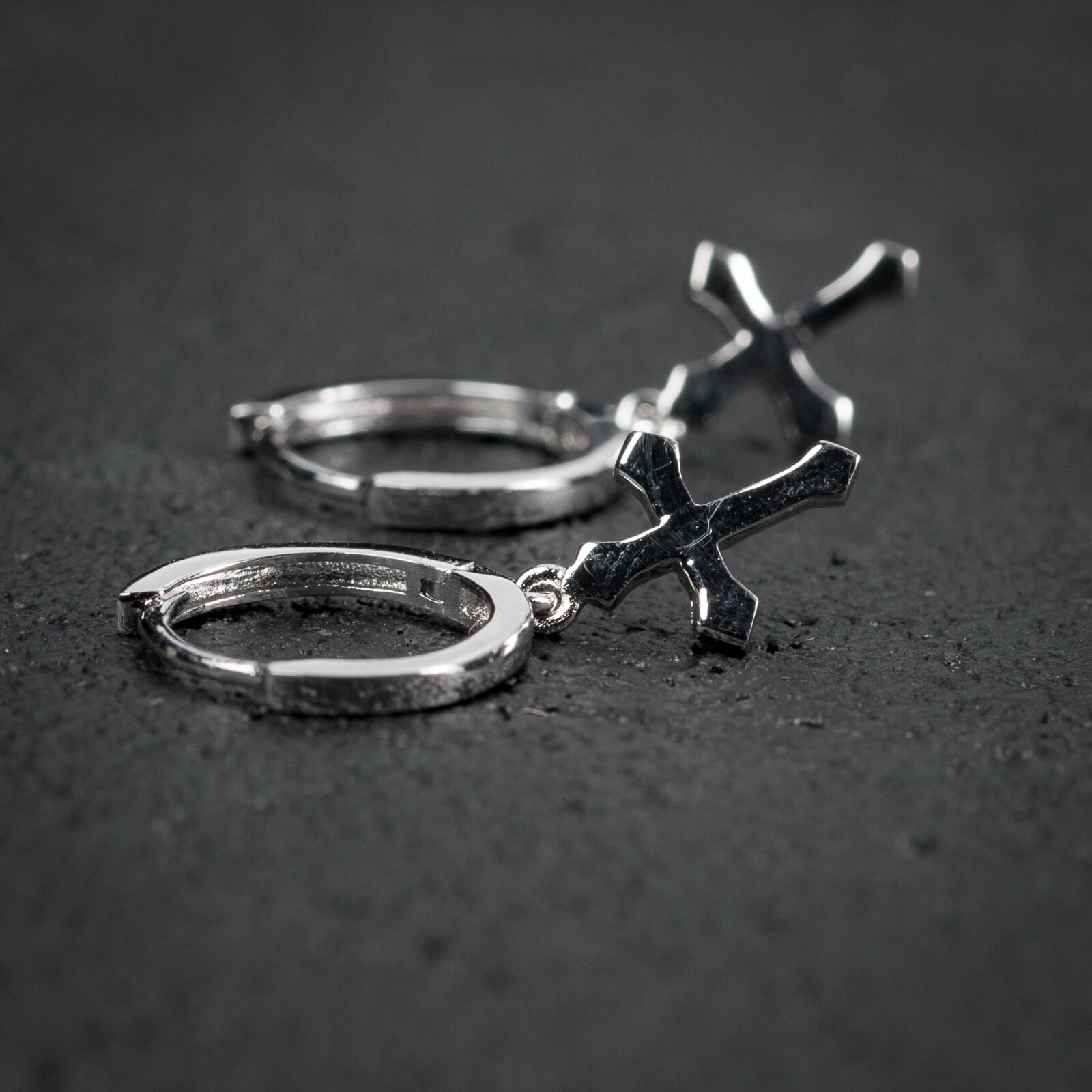 Mens Small Solid Sterling Silver Cross Dangle Drop Hanging Huggie Hoop Earrings