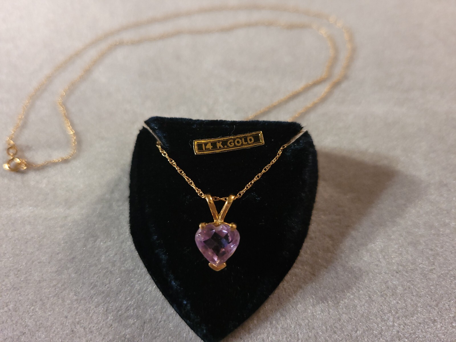 14k Yellow Gold Heart Shaped AMETHYST Pendant w 18″ Rope Chain 2 Cts 1.81 grams