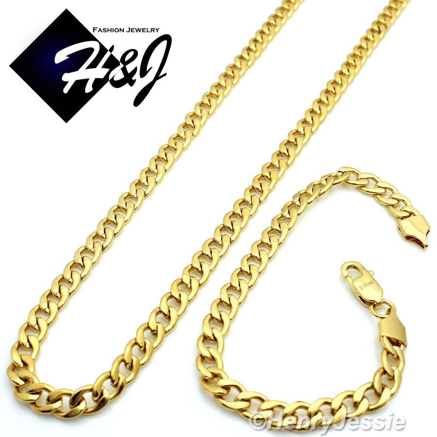 18-40″MEN Stainless Steel 6mm Gold Plated Cuban Curb Link Necklace Bracelet SETS
