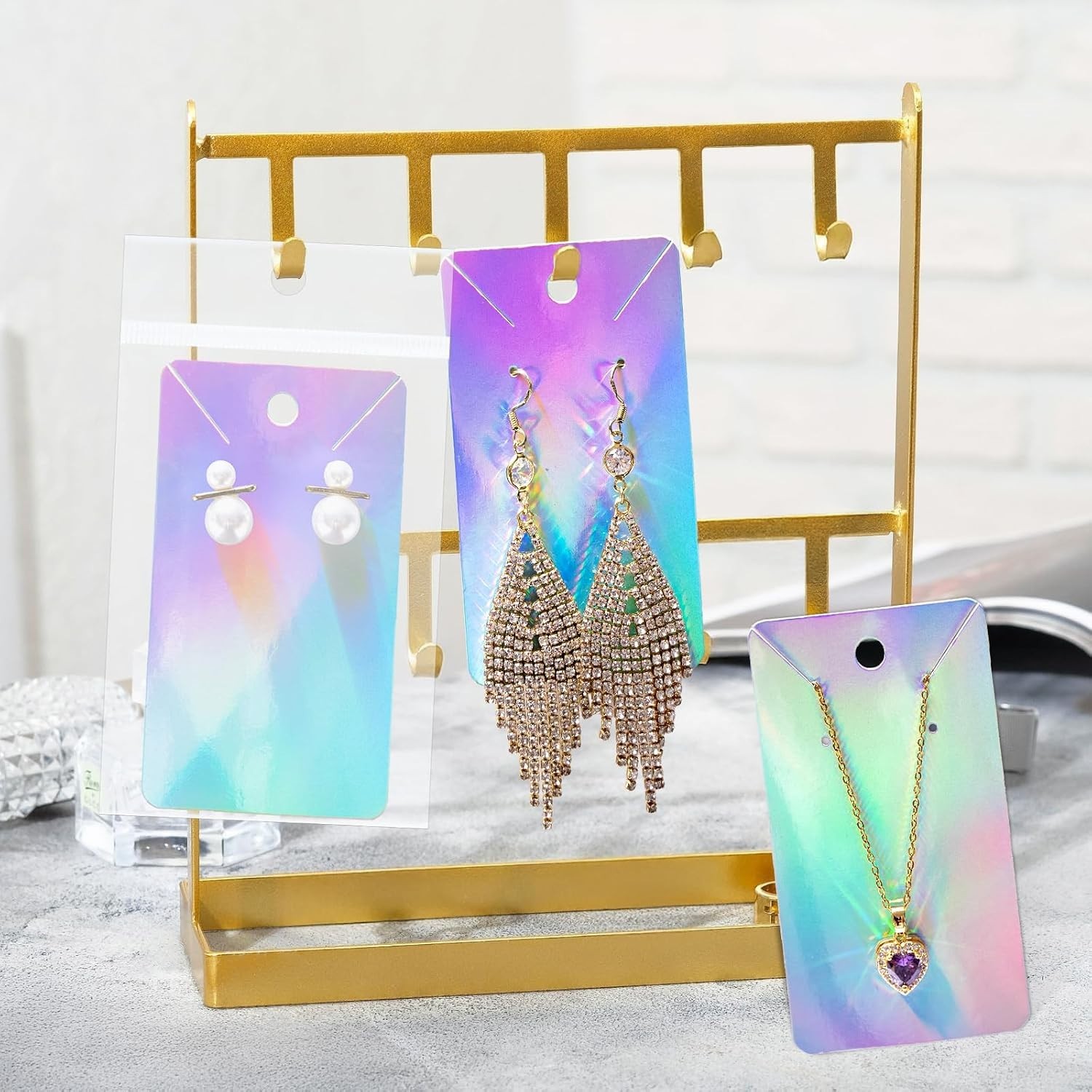 Necklace Display Cards 100Pcs Holographic Earring Cards 3.5×2 In