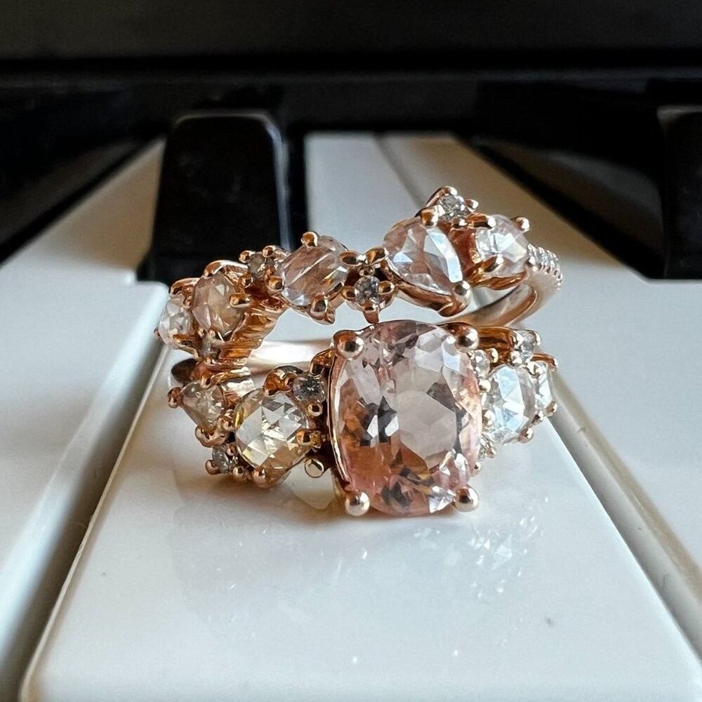 Bridal Set – 2 Morganite + Diamond Cluster Rings, 14K Rose Gold, Luna Skye