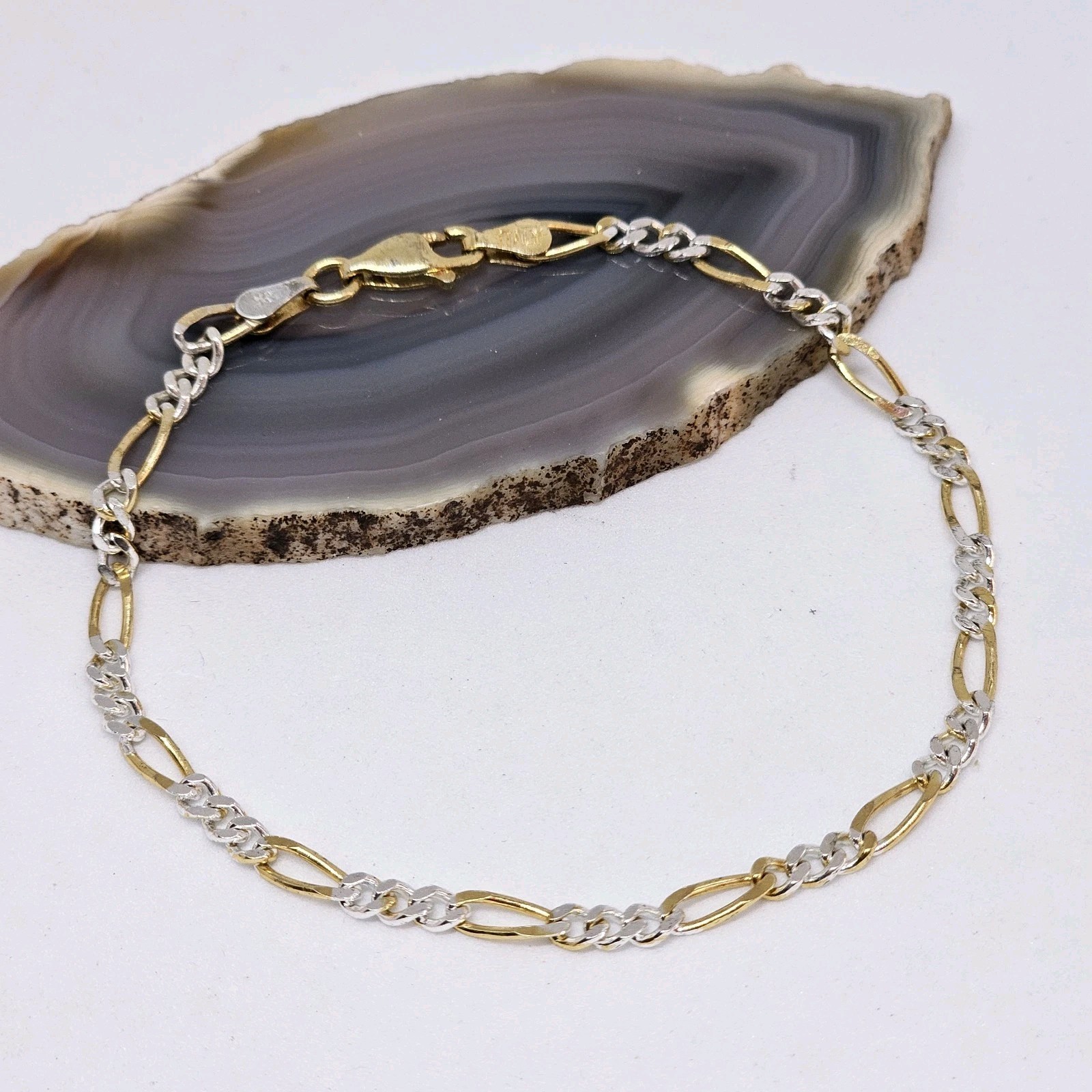 SU 925 Sterling Silver Vermeil Figaro Flat Link Chain Bracelet 7″ Long Italy