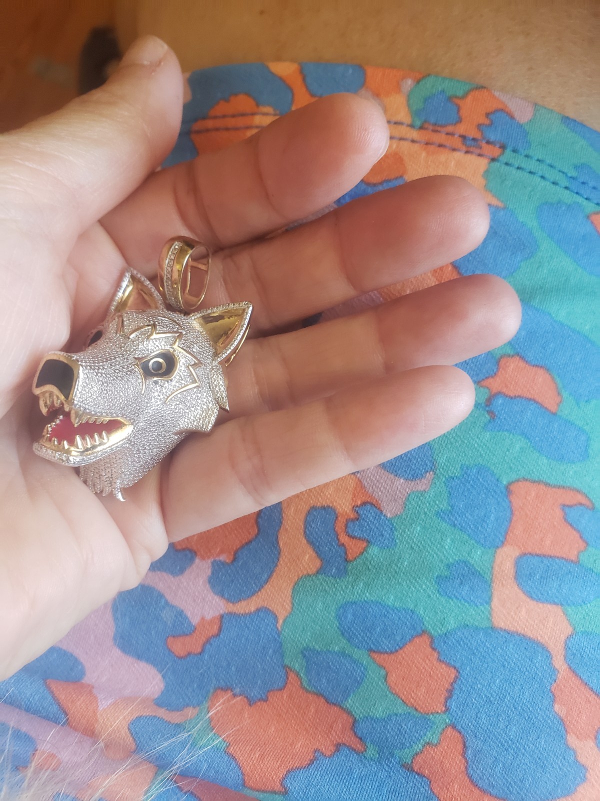 Huge Sterling Silver Wolf Husky Pendant 925 Enamel Gold Plated Dog Jewelry