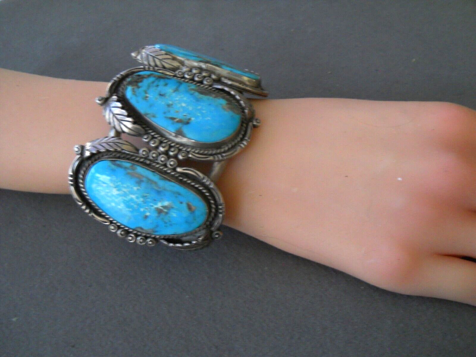 HUGE Native American Rich Blue 2″ Turquoise Sterling Silver Cuff Bracelet 106g!