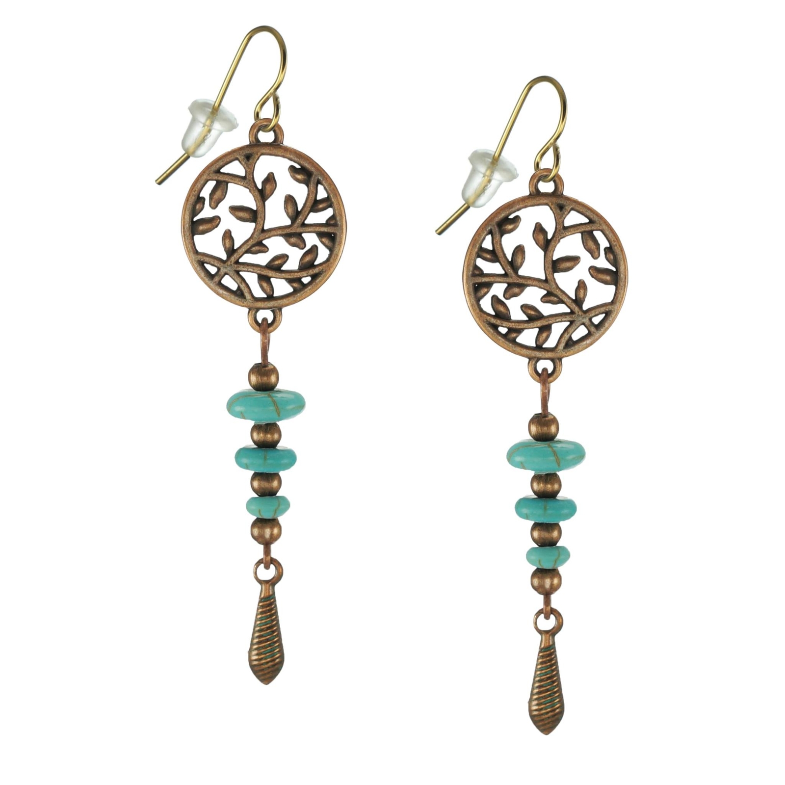 Beautiful Copper and Turquoise Dangle Earrings, 18K Gold Ear Wires