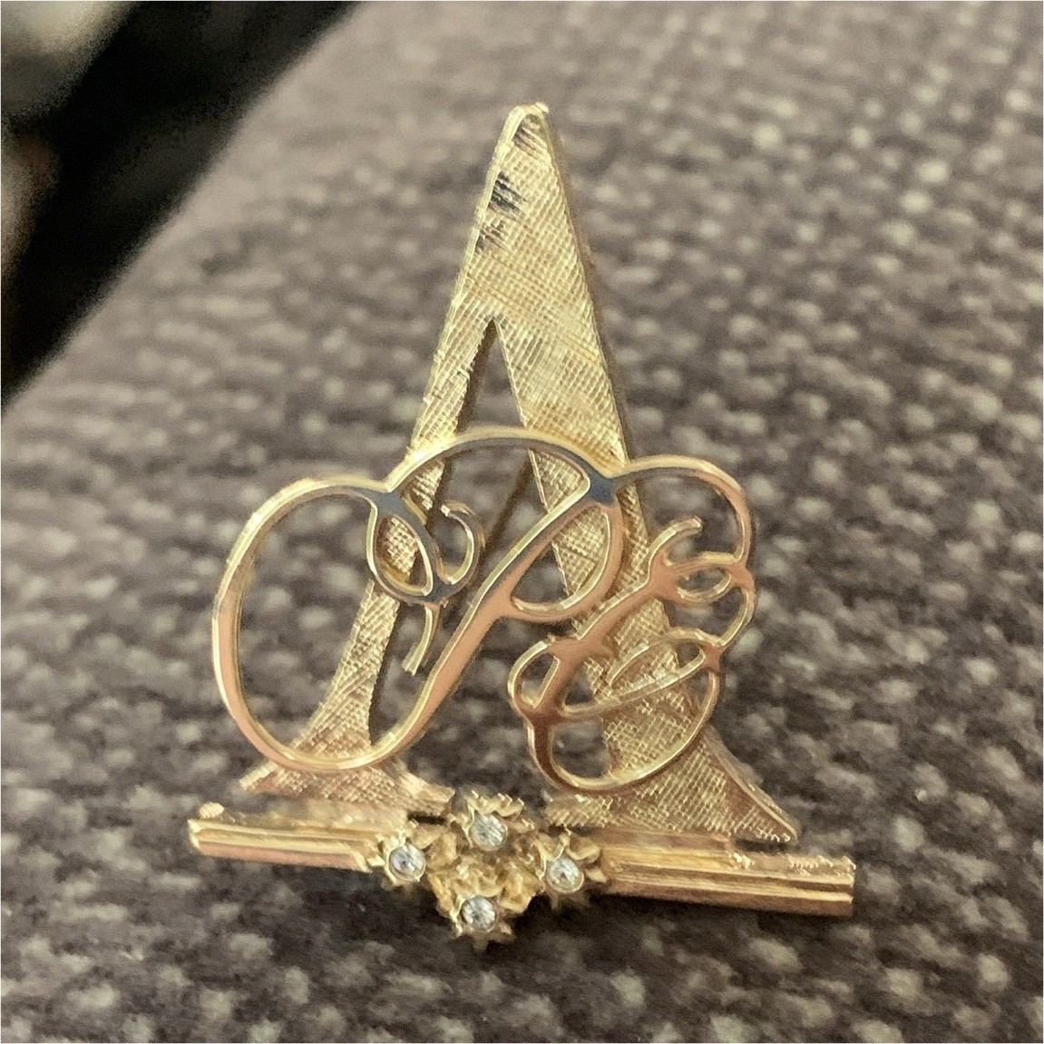 Ltd. Ed. Avon Gold Tone Monogram Brooch stamped 93/94 w/ White Crystal Cluster