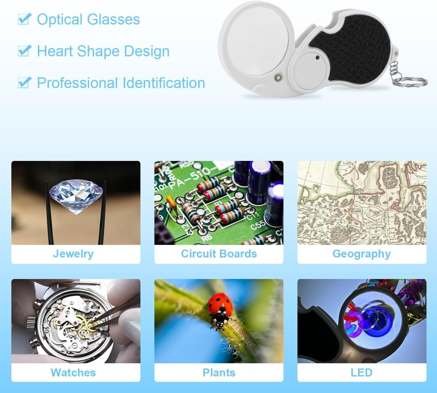 Mini Pocket Magnifier with Light‌ 5X Keychain Jewelers Loupe Anti-Slip Handhe…