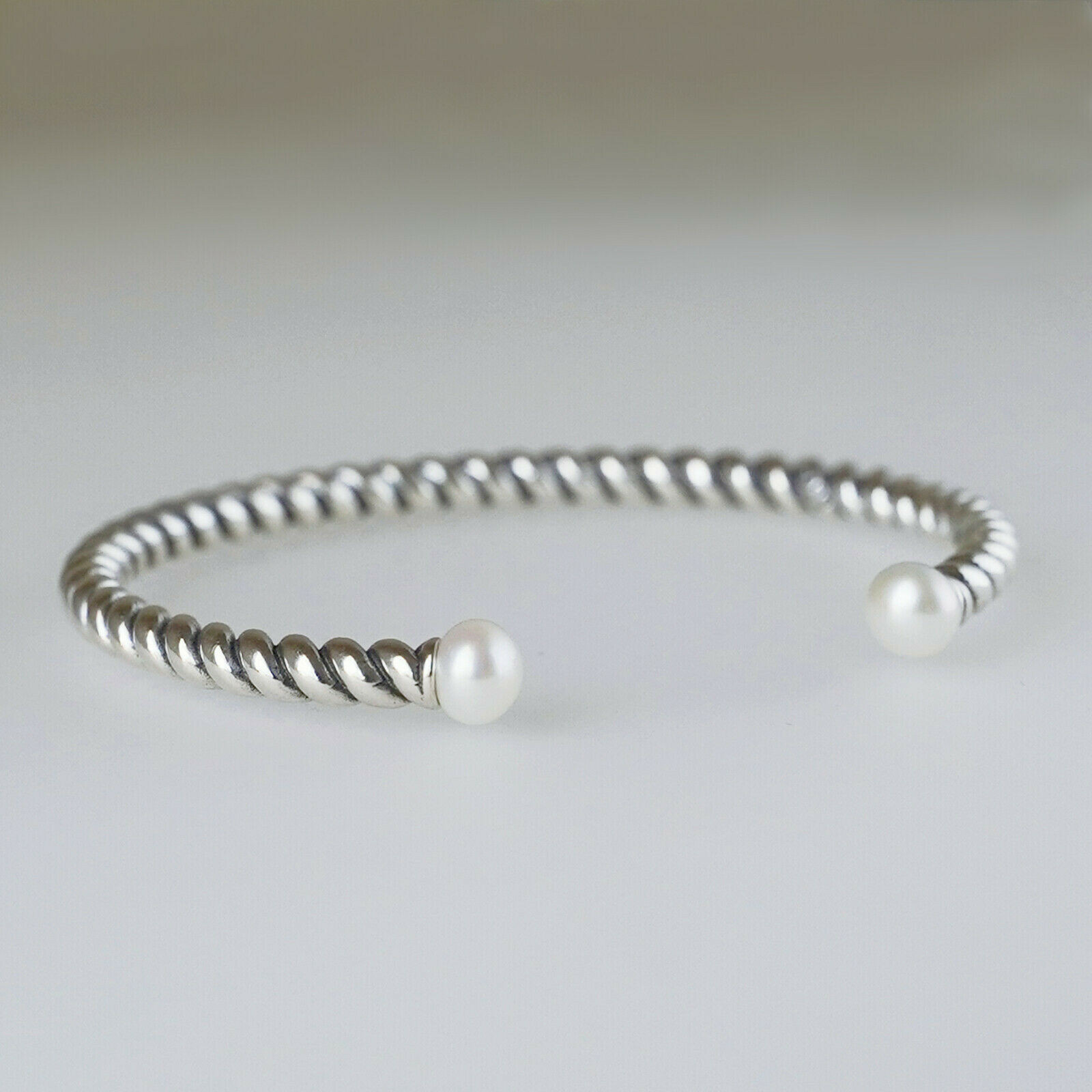 925 Silver Oxidised Freshwater Pearl Rope Bangle Twist Bangle 16.5cm