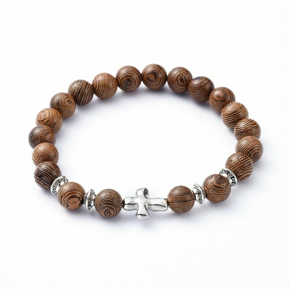 Stretch Bracelets, with Natural Wood Beads and Tibetan Style Alloy – 1 5 10