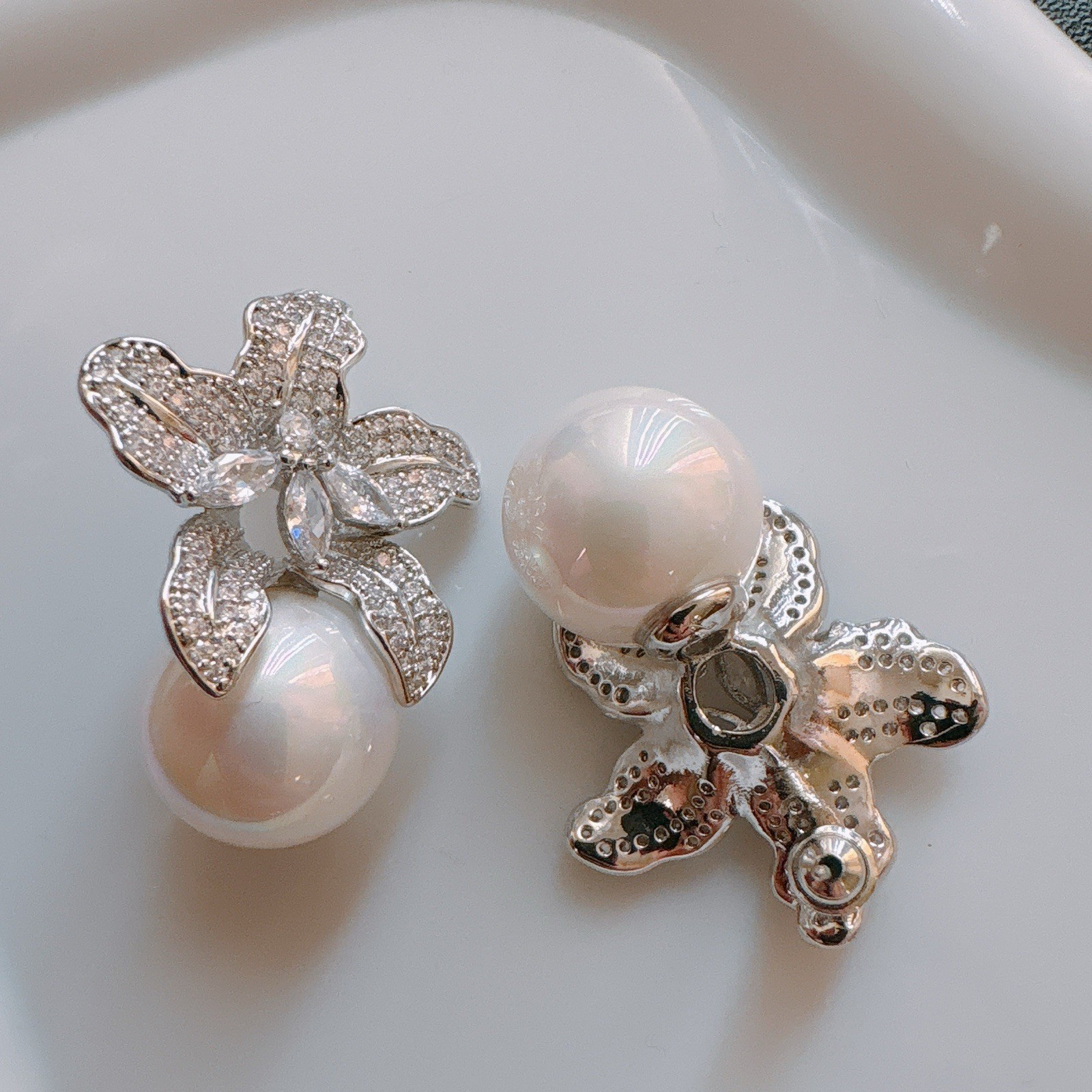 Lily Large Pearl Drop Earrings CZ Pave 925 Silver Needle Bridal Wedding Gift
