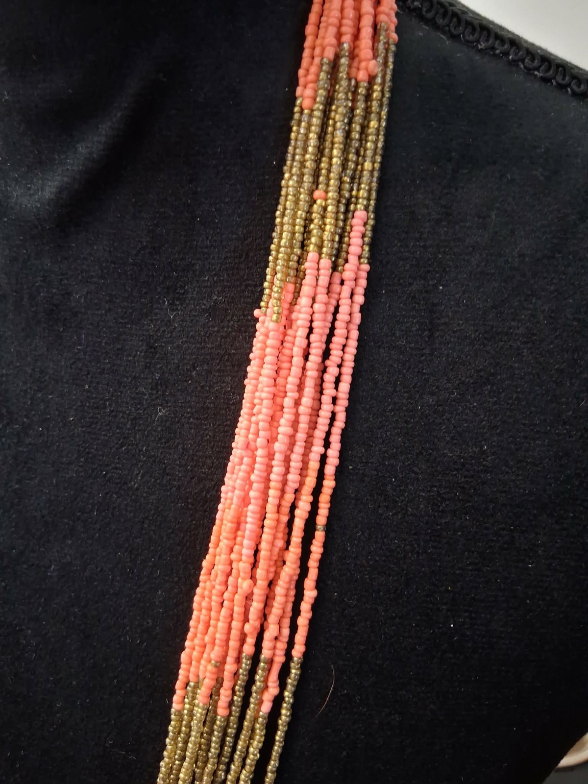 Multistrand Gold And Salmon Colored Bead Necklace 37in