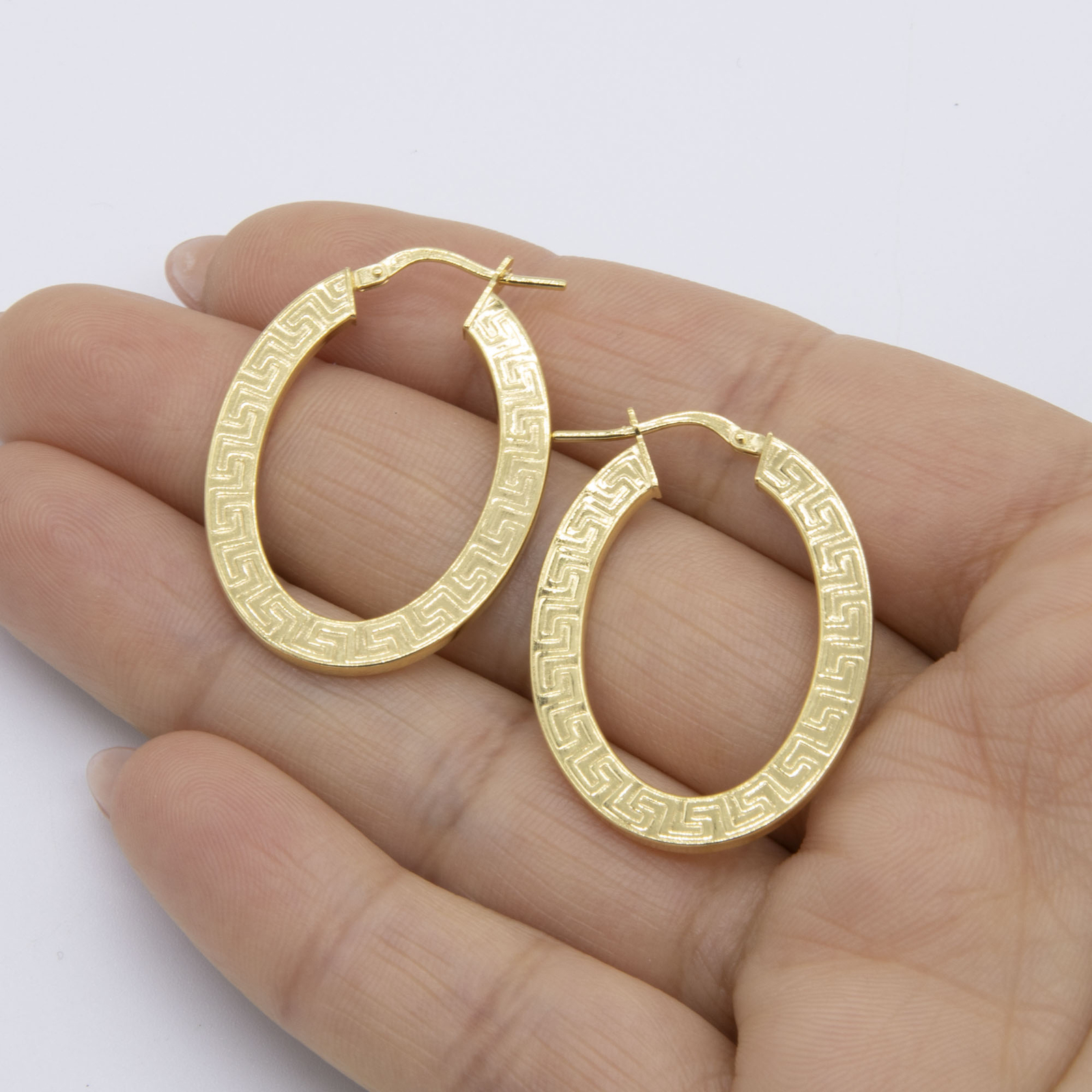 1 3/8″ Oval Greek Key Hoop Earrings 14K Yellow Gold-Plated Silver 925