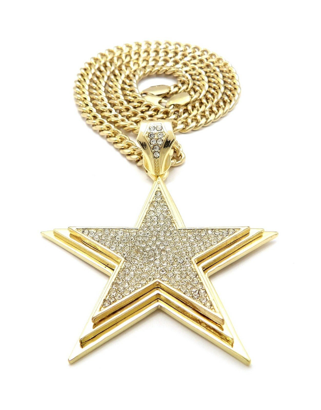 Gold Plated Alloy Cubic Zirconia Large Star Pendant 6mm 24″ Cuban Chain Necklace