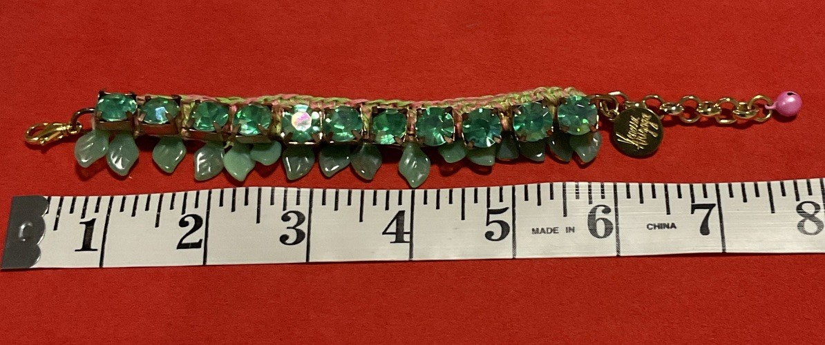 Venessa Arizaga Handcrafted Crochet Bracelet Faceted Green Crystals Leaf Charms