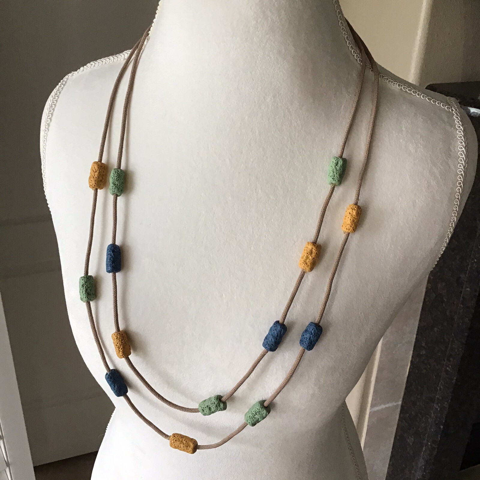Lava Bead Tube Bead Necklace Earrings SET 2-Strand Boho Blue Green Gold NEW