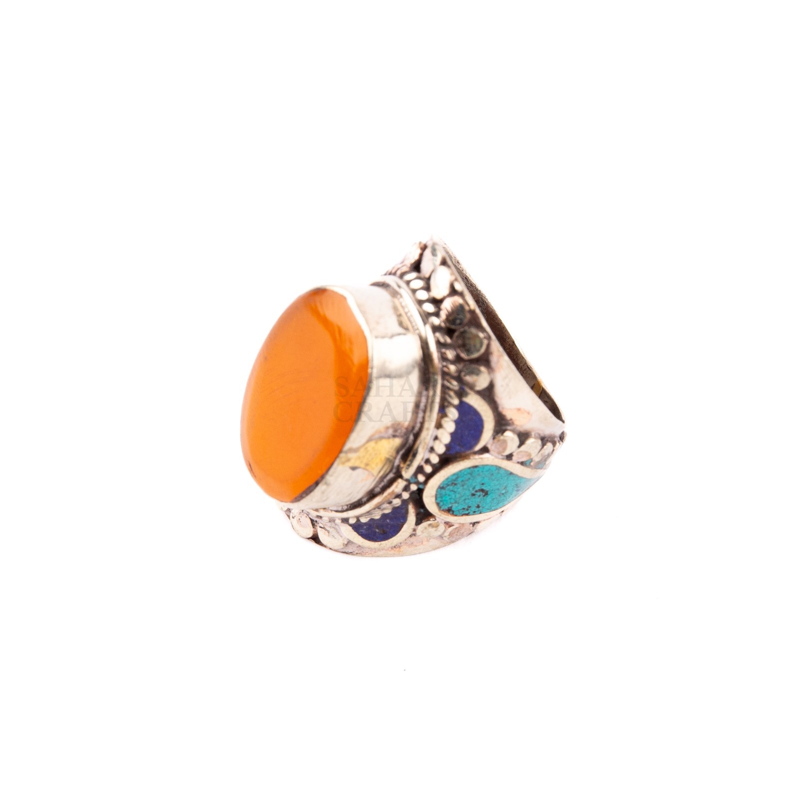Tibetan Ring, Orange Coral Turquoise Stone, Traditional Tibetan Bead Jewelry,