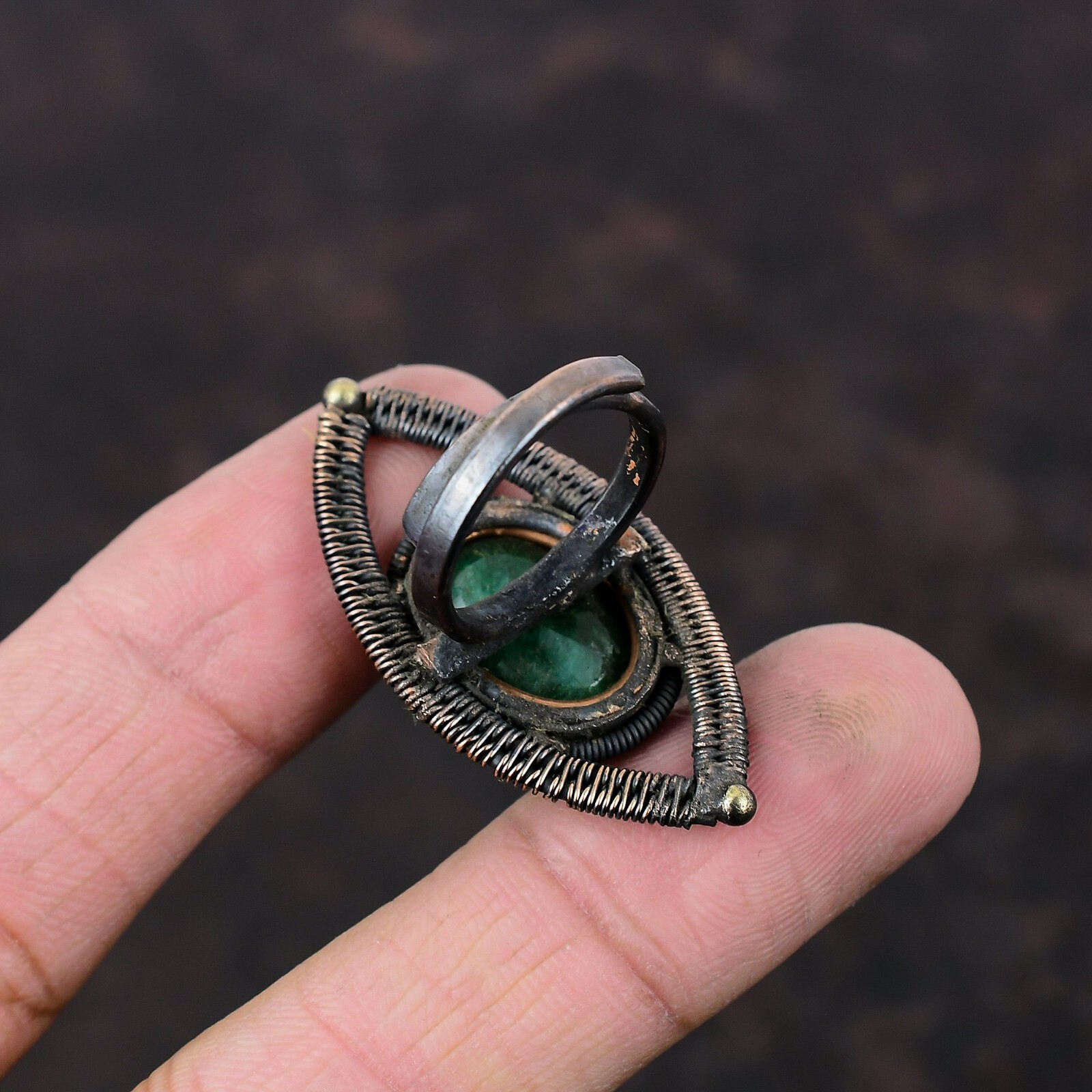 Copper Oval Zambian Emrald Gemstone Wire Wrapped Wedding Statement Ring Jewelry
