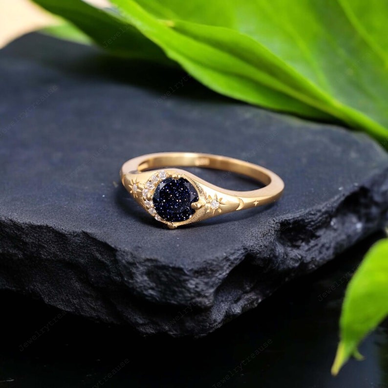 Blue Sandstone Moon Star Ring | Gold Plated Celestial Jewelry Gift for Her