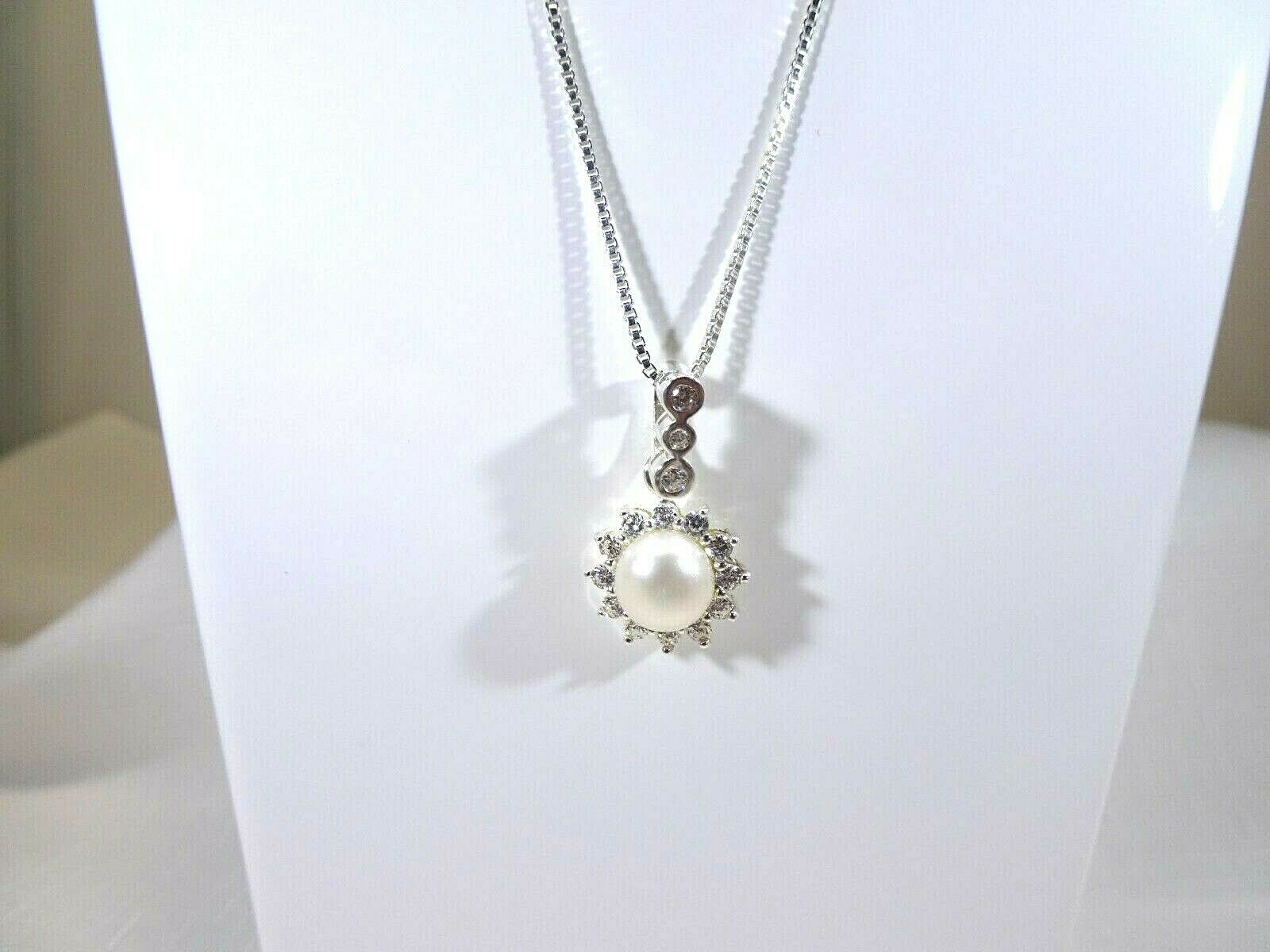 Cultured Freshwater White Pearl & White CZ Sterling Silver Italian Necklace
