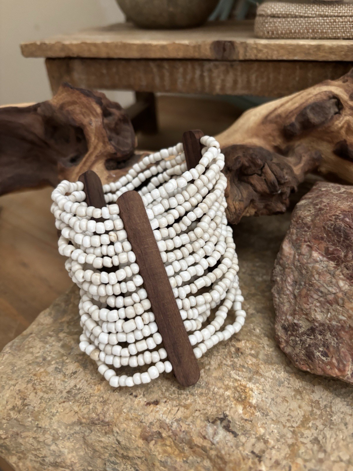 Cuff Bracelet White Seed Bead & Wood Stretch BOHO NEW Read