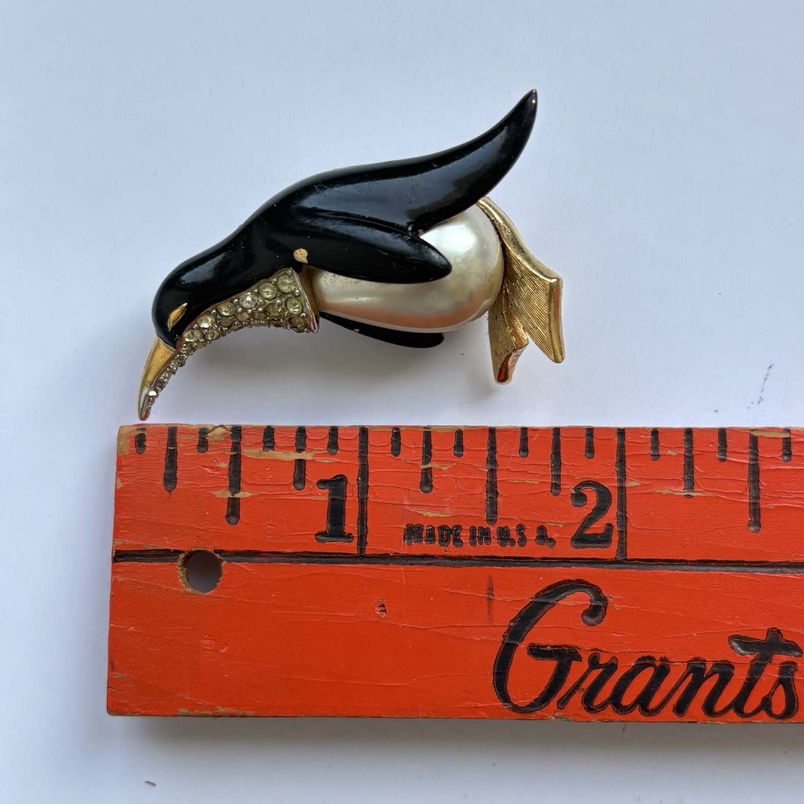 Vtg Marcel Boucher Penguin Brooch Rhinestone Faux Pearl Enamel Figural Pin