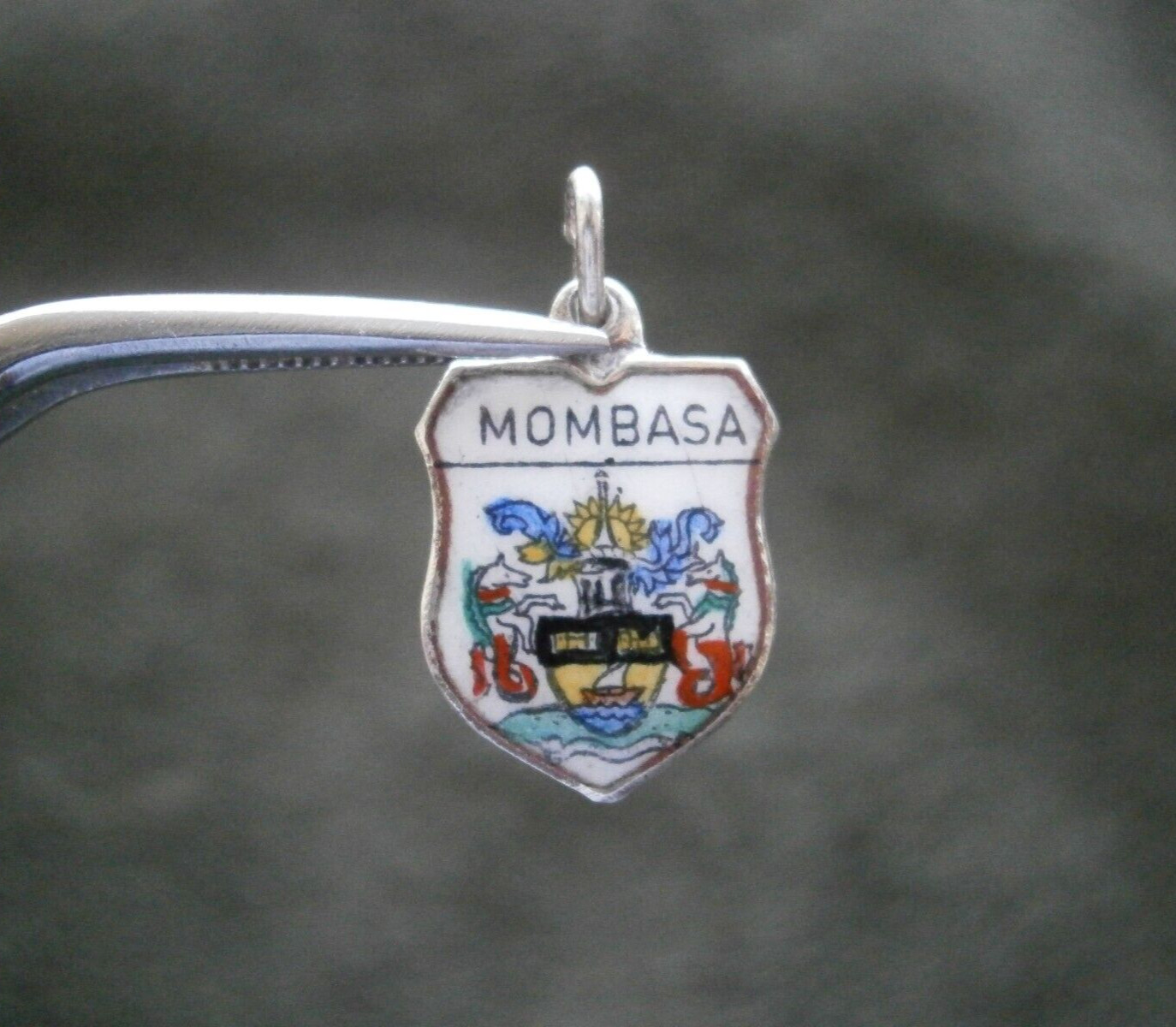 Mombasa Kenya Africa Vintage REU 800 Silver Enamel Travel Shield Bracelet Charm