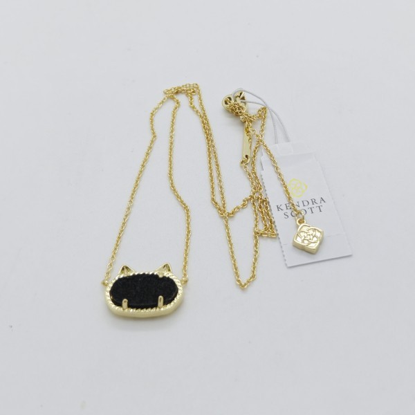 New Kendra Scott Elisa Gold Cat Kitty Pendant Necklace in Black Drusy