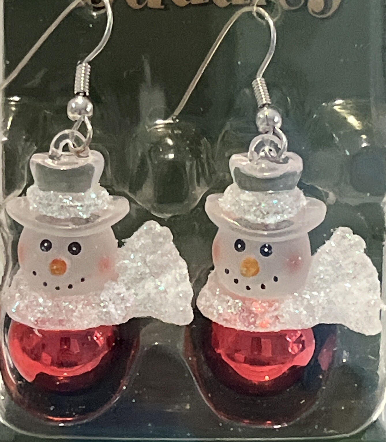 Jingle Buddies 2003 VTG Dangling Frosted Glitter Snowman Red Bell Earrings – New