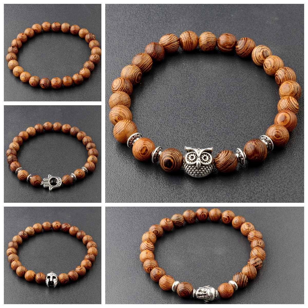 3 Pcs Men’s Woman 8MM Owl Buddha Wooden Beaded Bracelets Jewelry Stretch Bangle