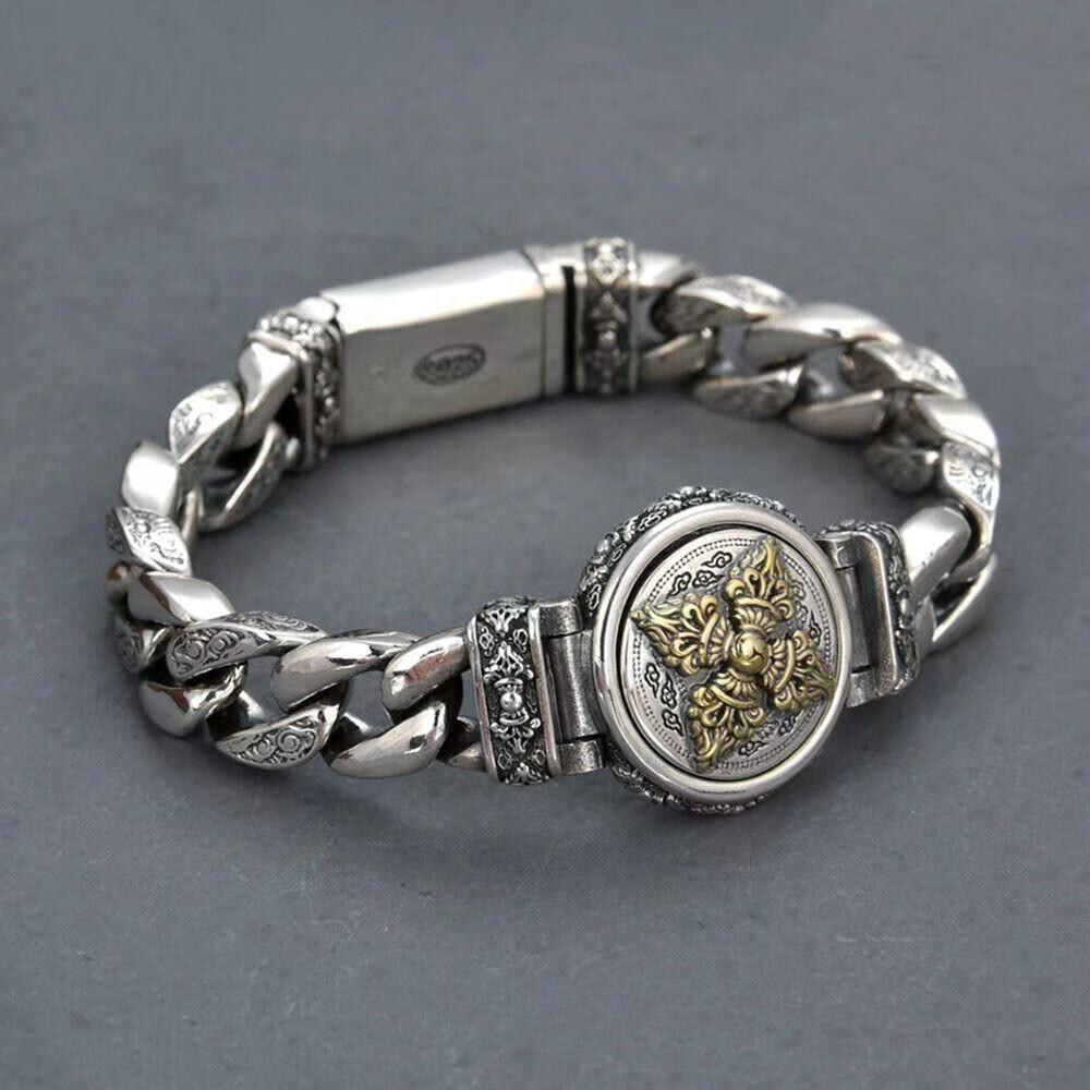 Pure S925 Sterling Silver Chain 11mm Round Vajra Curb Link Bracelet 7.1-8.7inch