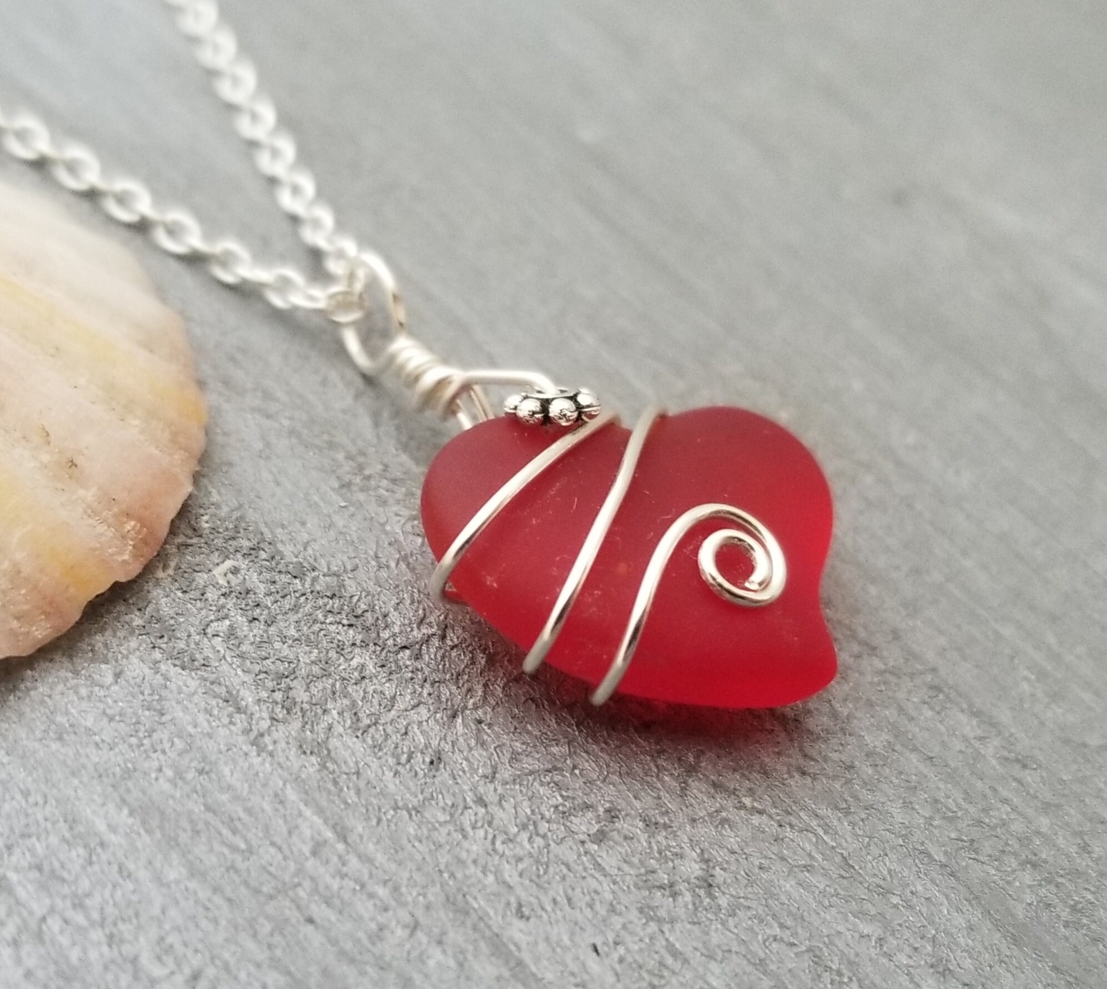 Hawaiian Jewelry Sea Glass Necklace, Wire Ruby Red Necklace Heart Necklace, Sea