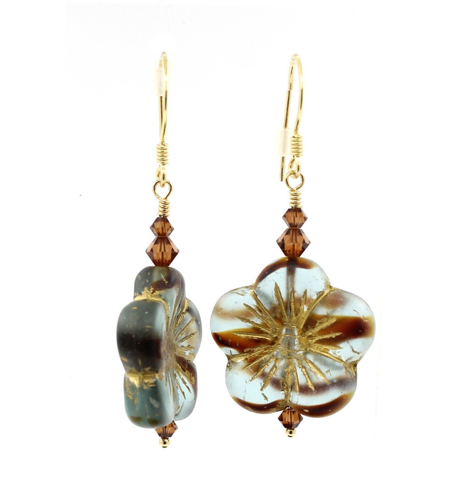 Flower Earrings Frost Seaglass Stripes Blue Glass Caramel Swarovski Vermeil Gold