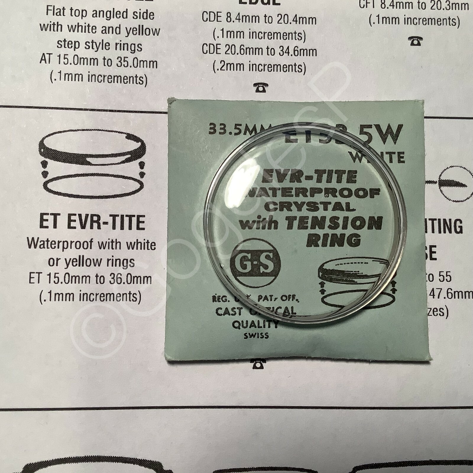 GS EVR-TITE (ET) Waterproof Watch Crystal w/ WHITE Tension Ring (Select a Size)