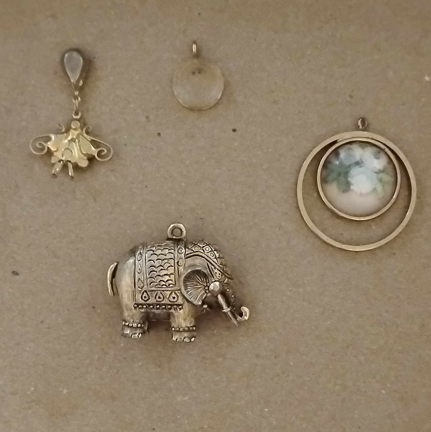 Lot of 4 Silver & Gold Tone Charms/Pendants Elephant, Glass, Mixed Metals