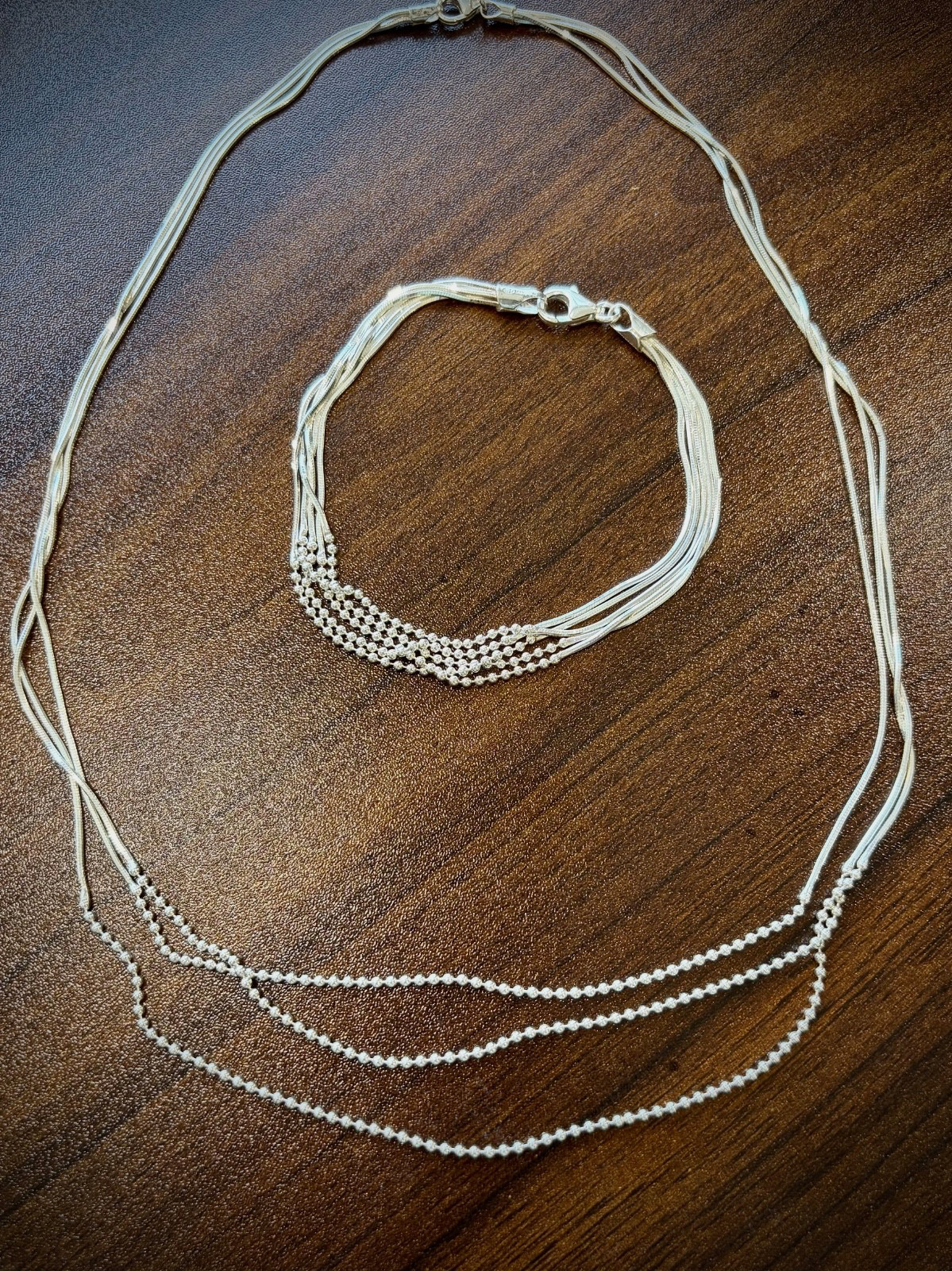 Neclace and Bracelet Set, 925 Italian Sterling Silver, Fancy Multi-Strand