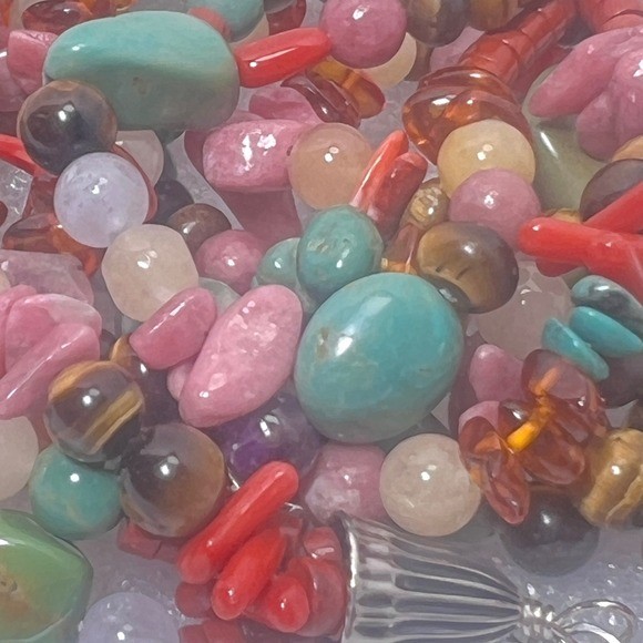 Vintage Sterling Semi Precious Gem Necklace 3 Strand Polished Natural Beads