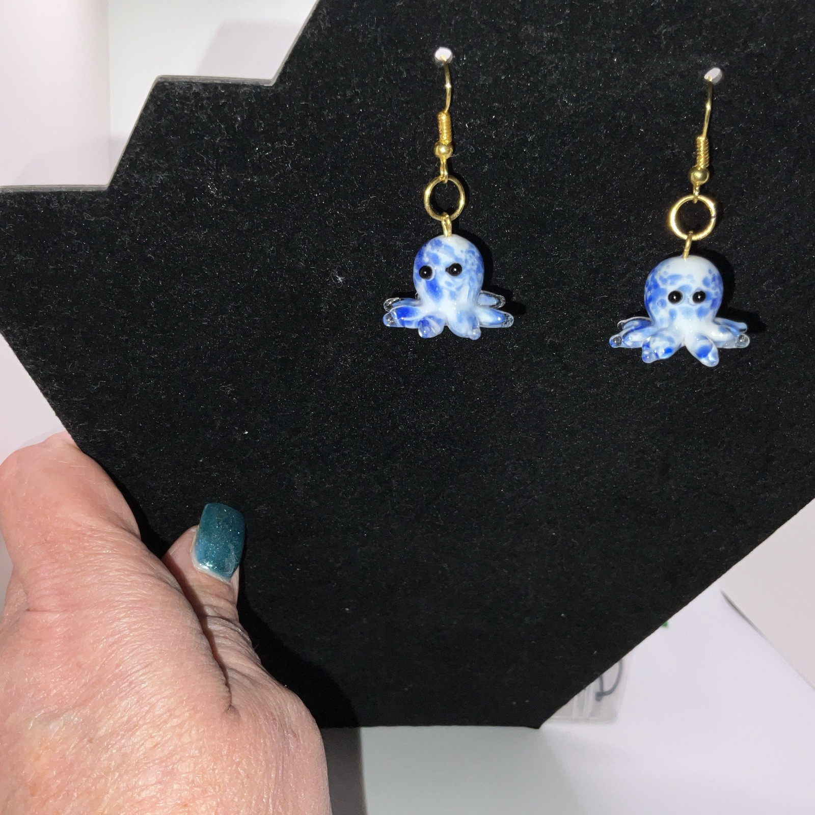 Blue & White Octopus Glass Earrings W/ Backs. Homemade 14k Extra Plated Gold New
