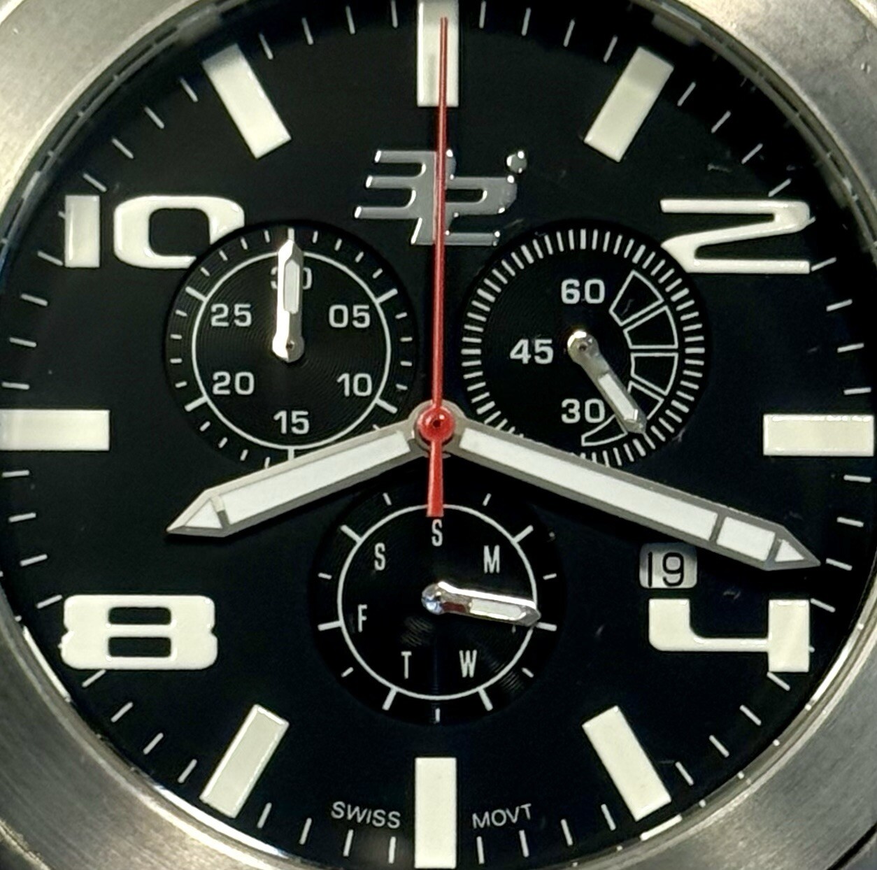 45mm Rare Push Button Design Swiss Chrono Slvrtn 7.5” Bracelet 32 DEGREES Watch