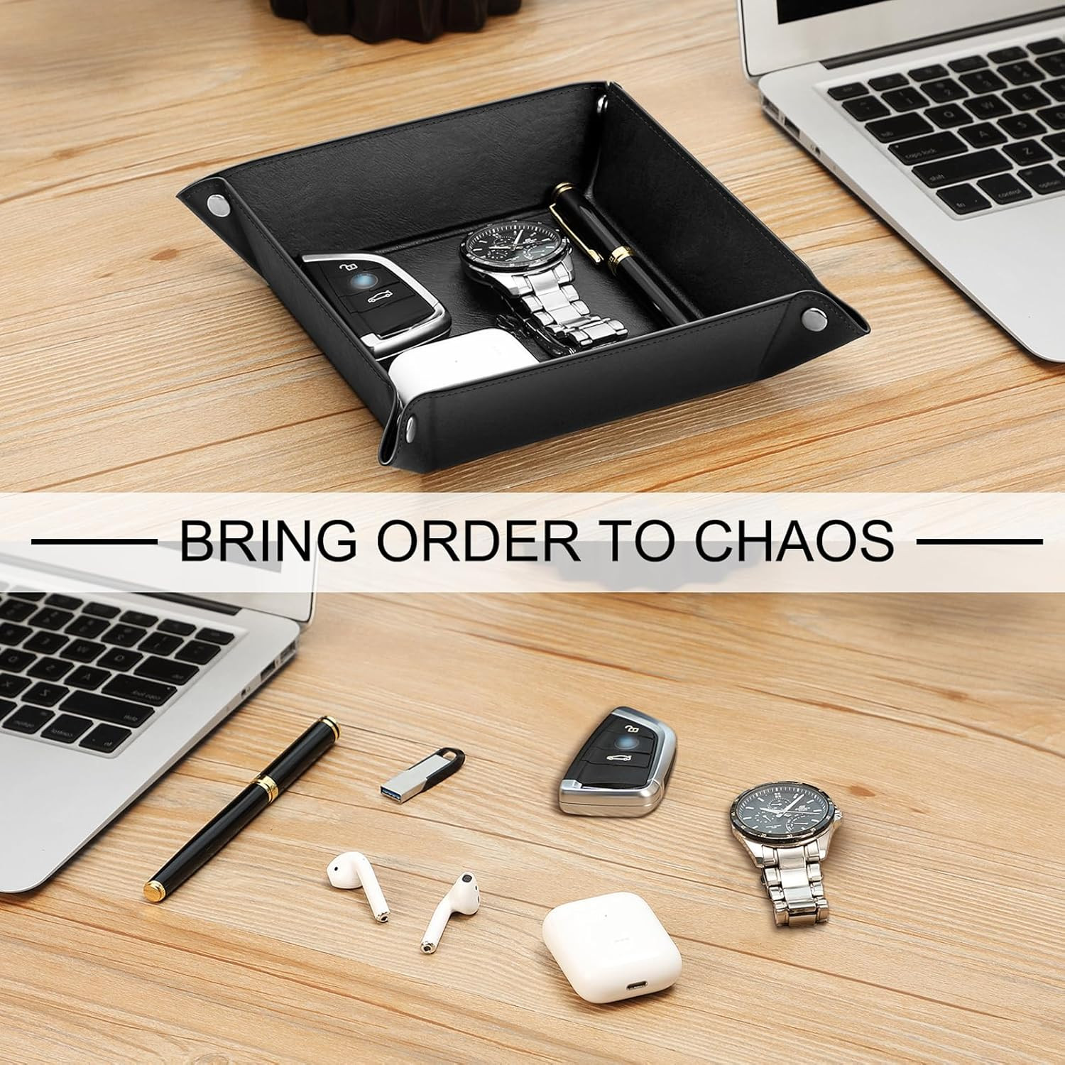 Valet Tray Desktop Storage Organizer – Multi-Use PU Leather Catchall Tray Bedsid