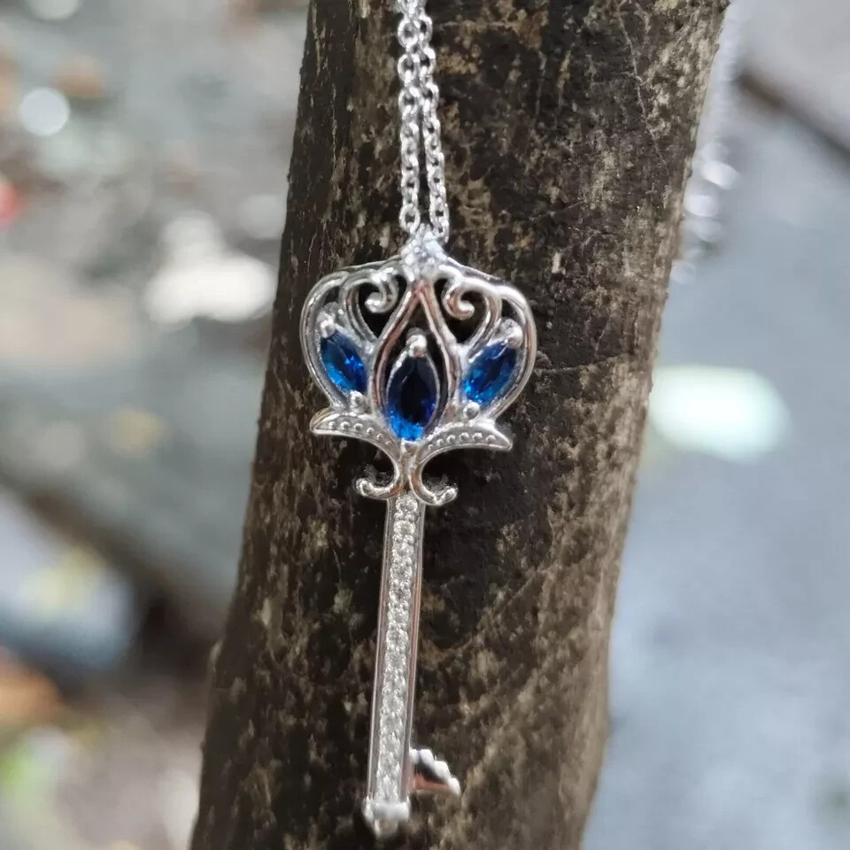 1.00Ct Lab-Created Sapphire & Diamond Key Pendant Necklace 14K White Gold Plated