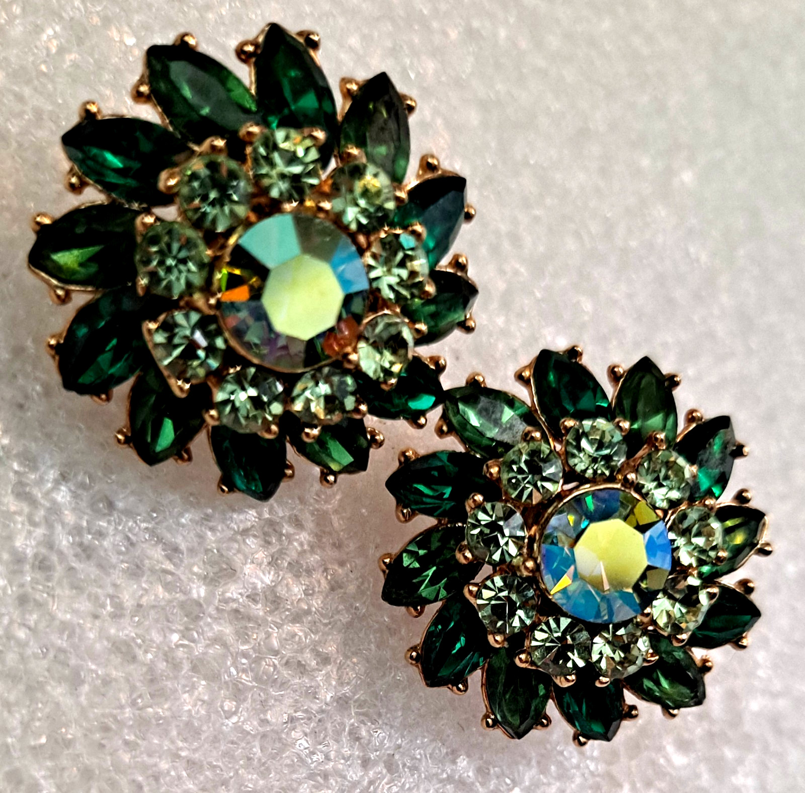 Trifari Rich Green Ira Desert Rhinestone & Aurora Borealis Clip Earrings
