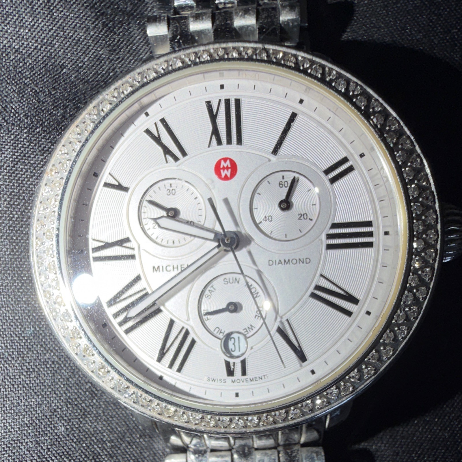MICHELE Diamond Women’s Swiss Quartz Date Diamond Bezel Watch w/ Box
