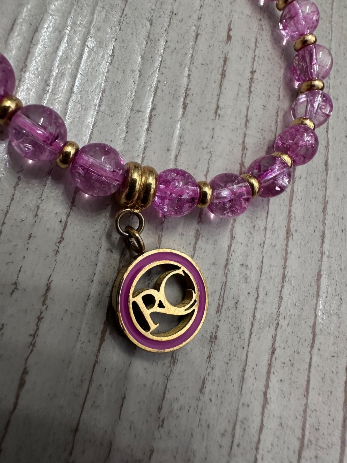 Rustic Cuff Pink Purple Beaded Stretch Bracelet Goldtone Pink Charm
