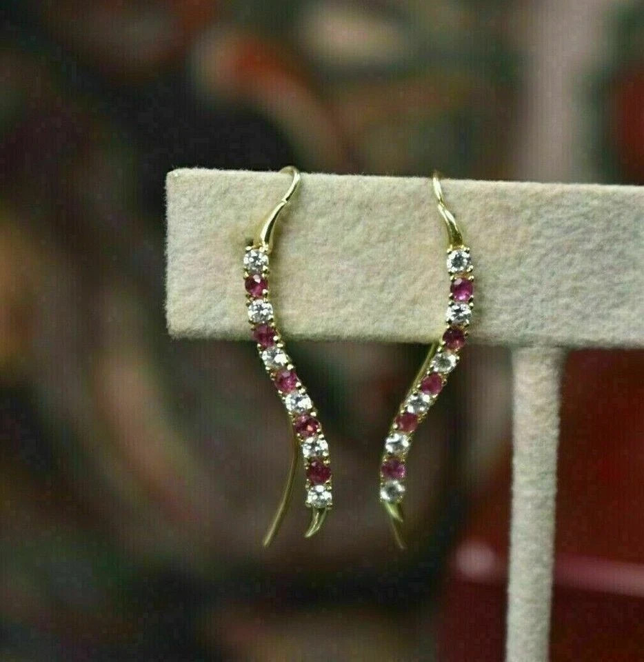2Ct Round Simulated Ruby & Diamond Ear Cuff stud Earrings 14K Yellow Gold Plated