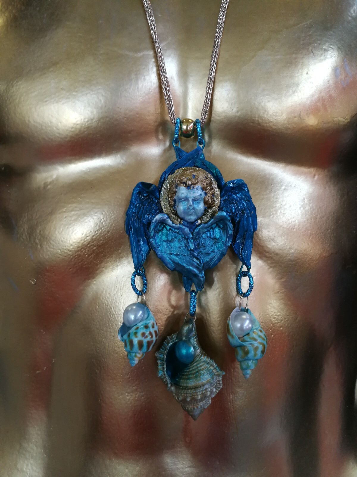 Talisman Amulet Blue Angel Rhinestone Necklace Pendant Wings Pearl Shell Jewelry