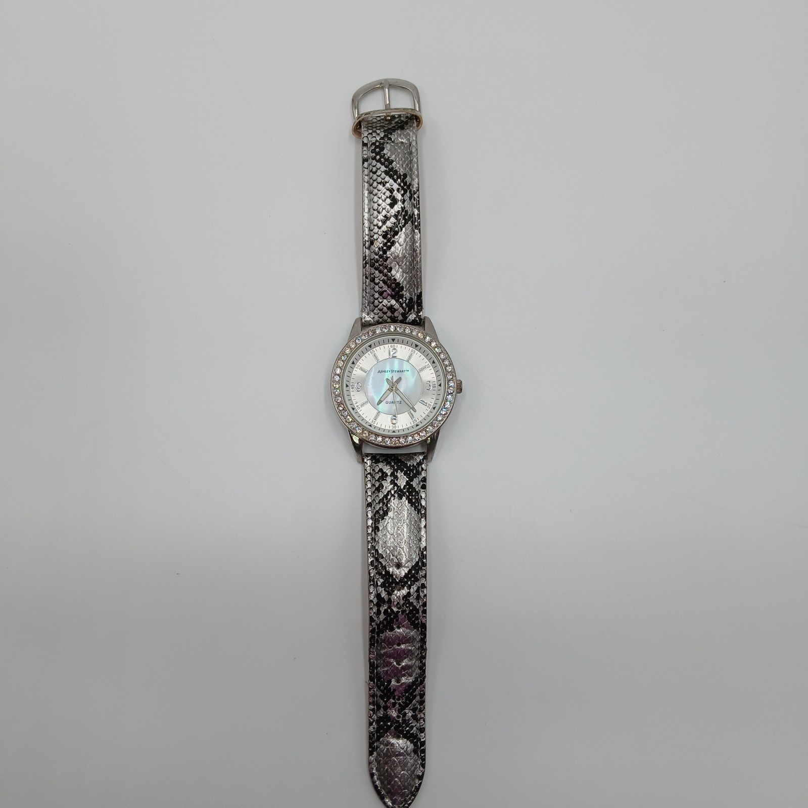 Ashley Stewart Watch Mother of Pearl Silver Tone Crystal Bezel Seconds Hand