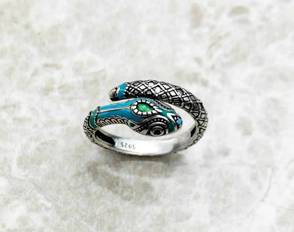 925 Sterling Silver Snake Ring Blue Green Enamel Adjustable