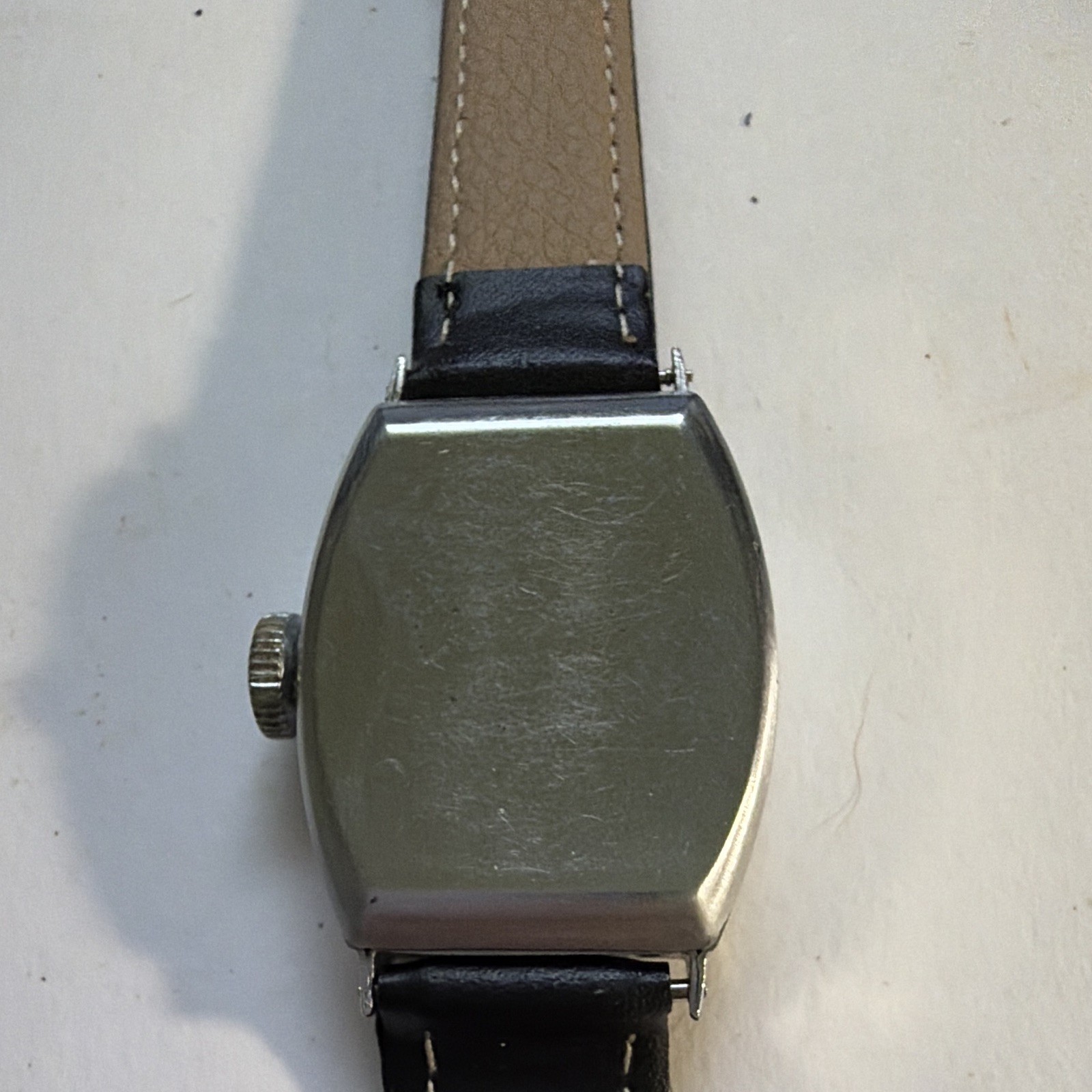 Ingraham Westfield Manual Tonneau Silver Cream Arabic Dial Black Leather 7J