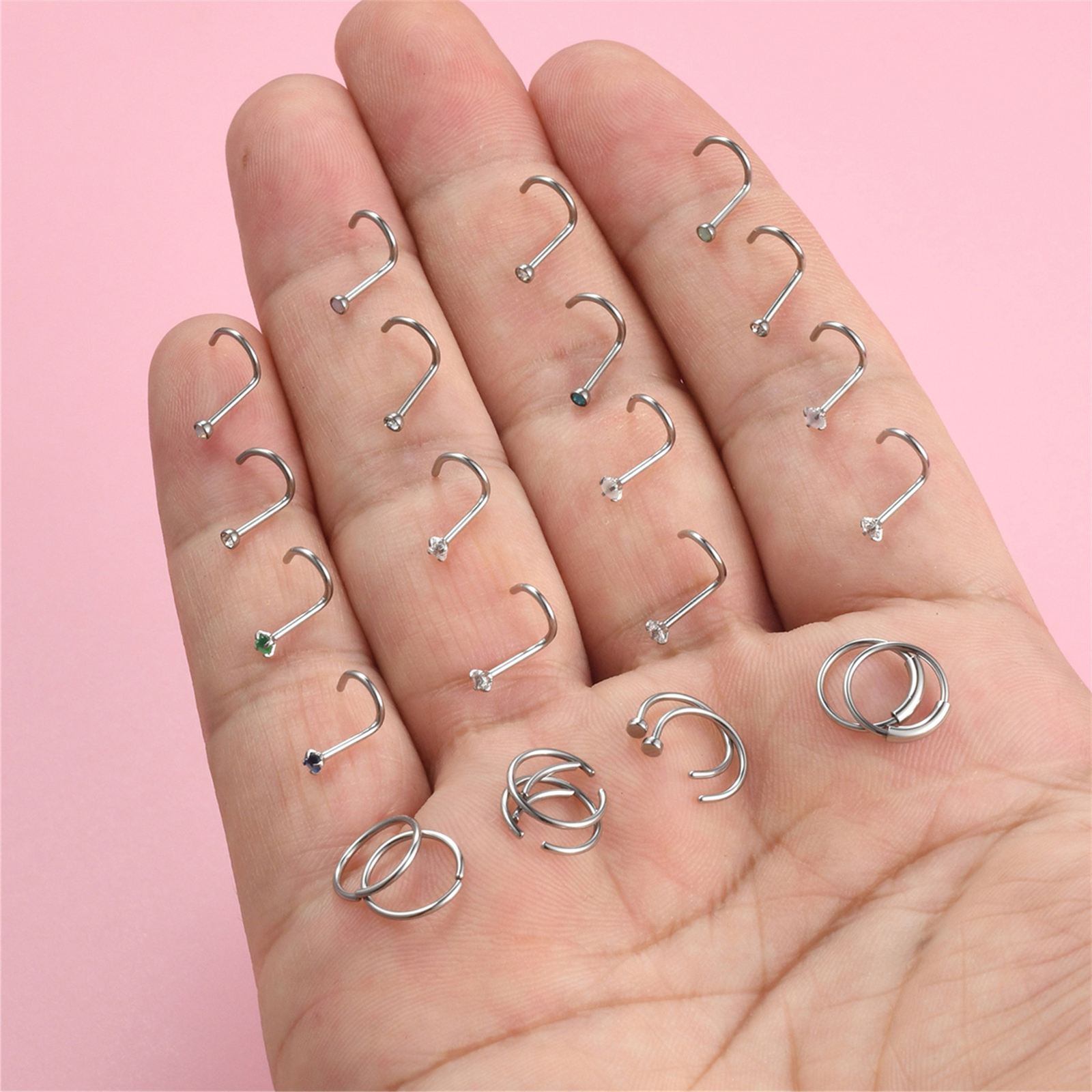 24Pcs 18G Stainless Steel Screw Nose Ring Nostril Piercing Jewelry Set Men Women