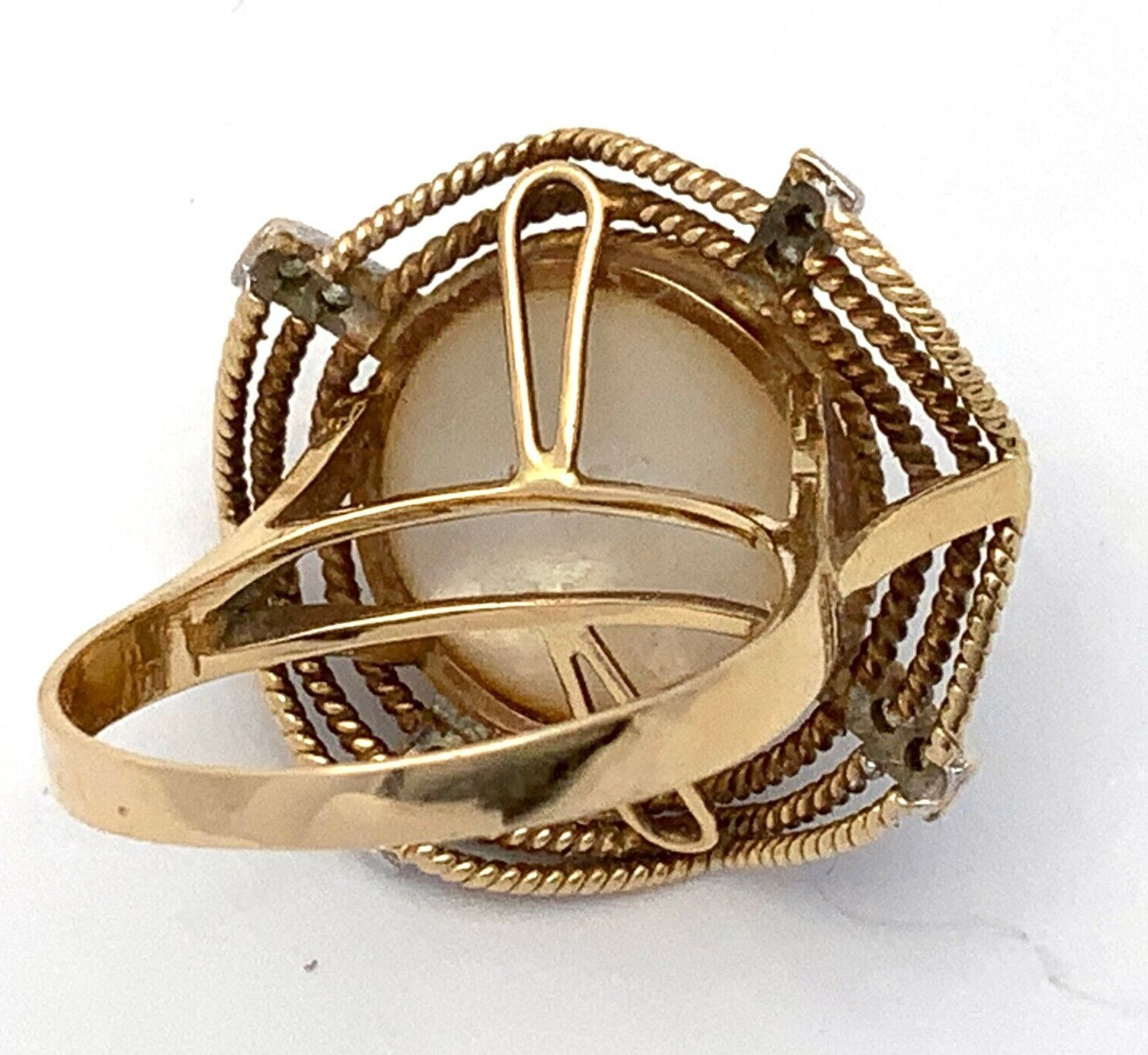VINTAGE 8 DIAMOND & 12.4MM MABE PEARL 14K GOLD RING